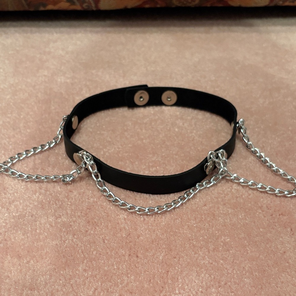 Black Leather Choker with Chains